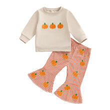 (18-24 Months, Orange) Ensemble bébé fille : sweat-shirt citrouille et pantalon à carreaux, parfait pour Halloween.