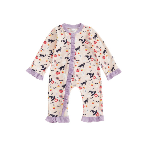 (3-6 Months, Purple) Φθινοπωρινές φόρμες με βολάν και στάμπα Halloween για νεογέννητα