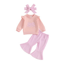 (2-3 Years, Pink) Ensembles d'automne pour filles : hauts à manches longues avec nœud et pantalons évasés à carreaux.
