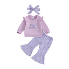 (2-3 Years, Purple) Ensembles d'automne pour filles : hauts à manches longues avec nœud et pantalons évasés à carreaux.