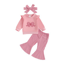 (12-18 Months, Red) Ensembles d'automne pour filles : hauts à manches longues avec nœud et pantalons évasés à carreaux.