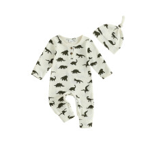 (3-6 Months, Green) Salopetă pentru bebeluși cu mânecă lungă, imprimeu dinozauri, salopă casual de toamnă cu pălărie.