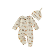 (6-9M, WHITE) Salopetă pentru bebeluși cu mânecă lungă, imprimeu dinozauri, salopă casual de toamnă cu pălărie.