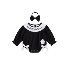 (0-3 Months, Black) Halloween-Outfit für Babys: Langärmliger Strampler mit Gespenstbuchstaben und Schleifen-Haarband (2-teilig)