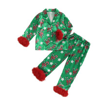 (5-6 Years, Green) Lasten 2 kpl joulupyjama, pitkähihainen, karkkikeppikuvioinen nappipaita + housut, taaperoiden satiiniasut