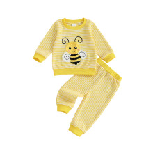 (2-3 Years, Yellow) Kleinkind-Mädchen-Set: Gestreiftes Outfit mit Bienenstickerei, Langarm-Sweatshirt und elastischer Hose, 2-teilig