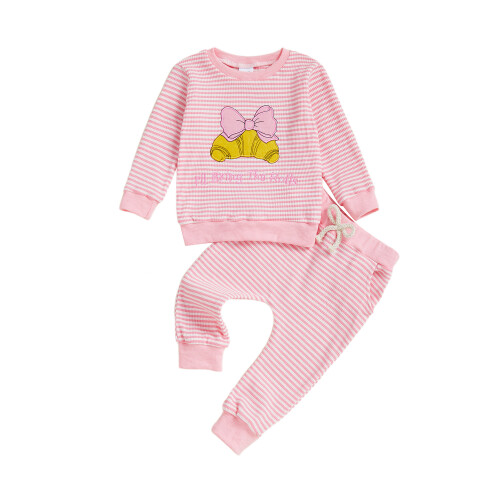 (12-18 Months, Pink) Σετ παντελονιών για κορίτσια, μπλούζα με κεντήματα και ριγέ φόρμα