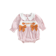 (3-6 Months, Pink) Baby-Mädchen Halloween-Strampler mit Karomuster, Kürbis-Stickerei, langen Ärmeln und Schleifen