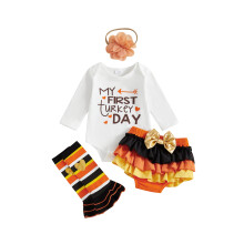 (0-3 Months, Orange) Thanksgiving-Outfit für Babys: Langarm-Strampler, gestufte Shorts, Stulpen und Stirnband