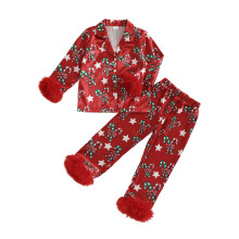 (3-4 Years, Red) 2-teiliger Weihnachtspyjama für Kinder, langärmlig, mit Zuckerstangen, Hemd + Hose, Satin Loungewear
