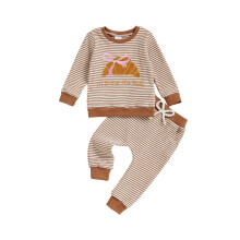 (3-4 Years, Brown) Mädchen-Hosen-Set, Langarm-Sweatshirt mit Croissant-Motiv und gestickten Buchstaben sowie gestreifter Jogginghose
