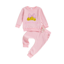 (6-12 Months, Pink) Mädchen-Hosen-Set, Langarm-Sweatshirt mit Croissant-Motiv und gestickten Buchstaben sowie gestreifter Jogginghose