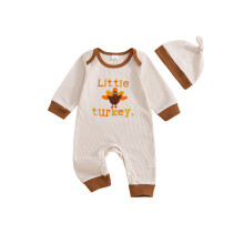 (0-3 Months, Beige) Salopetă pentru bebeluși cu mânecă lungă, guler rotund, broderie turcoaz și pălărie