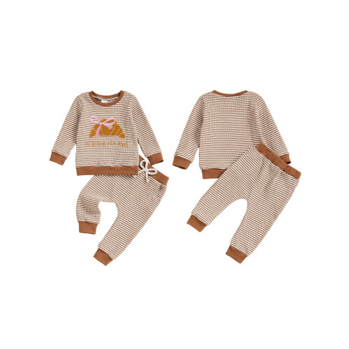 (12-18 Months, Brown) Σετ παντελονιών για κορίτσια, μπλούζα με κεντήματα και ριγέ φόρμα 1