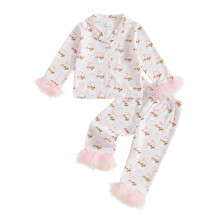 (12-18 Months, Pink) Pikkulapsen joulupyjamasetti, pitkähihainen paita pörröisillä reunuksilla, joustava vyötärö, 2-osainen.