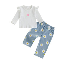 (12-18 Months, White) Herbstoutfit für Kleinkinder: Zweiteiliges Set aus geblümtem Rüschen-Langarmshirt und elastischer Jeanshose