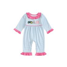 (6-12 Months, Sky Blue) Baby-Mädchen-Jumpsuit, langärmelig, Rundhalsausschnitt, gestreift, mit Kuhstickerei, lässiger Strampler