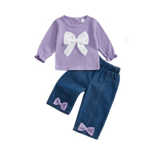 (2-3 Years, Purple) Herbst-Outfit für Babys: Modisches Langarm-Top mit Schleife und Jeans (2-teilig)