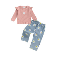 (6-12 Months, Pink) Herbstoutfit für Kleinkinder: Zweiteiliges Set aus geblümtem Rüschen-Langarmshirt und elastischer Jeanshose