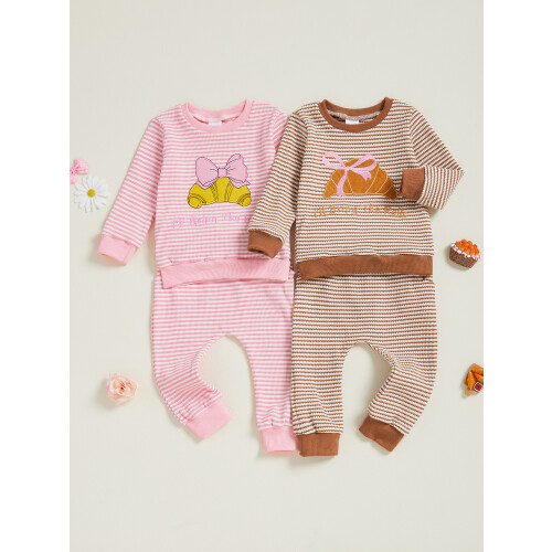 (12-18 Months, Brown) Σετ παντελονιών για κορίτσια, μπλούζα με κεντήματα και ριγέ φόρμα 2