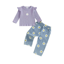 (18-24 Months, Purple) Herbstoutfit für Kleinkinder: Zweiteiliges Set aus geblümtem Rüschen-Langarmshirt und elastischer Jeanshose