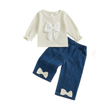(18-24 Months, Apricot) Herbst-Outfit für Babys: Modisches Langarm-Top mit Schleife und Jeans (2-teilig)