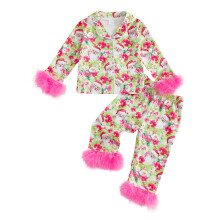 (4-5 Years, Green) Pikkulapsen joulupyjamasetti, pitkähihainen paita pörröisillä reunuksilla, joustava vyötärö, 2-osainen.
