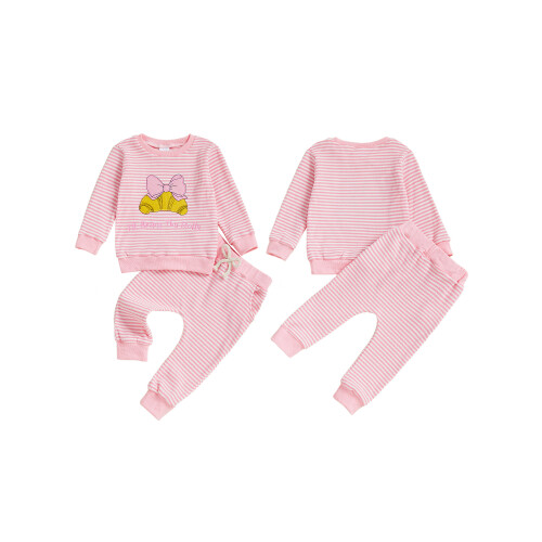 (12-18 Months, Pink) Σετ παντελονιών για κορίτσια, μπλούζα με κεντήματα και ριγέ φόρμα 1