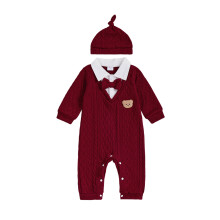 (6-9 Months, Red) Set haine pentru nou-născuți: 2 buc ținute toamnă cu mânecă lungă, urs brodat, papion, salopetă cu pălărie.