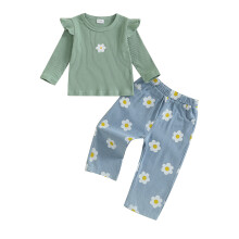 (3-4 Years, Green) Herbstoutfit für Kleinkinder: Zweiteiliges Set aus geblümtem Rüschen-Langarmshirt und elastischer Jeanshose