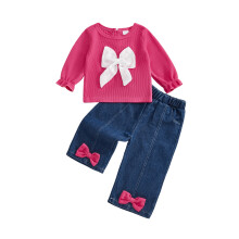 (4 Years, Red) Herbst-Outfit für Babys: Modisches Langarm-Top mit Schleife und Jeans (2-teilig)