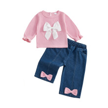 (2-3 Years, Pink) Herbst-Outfit für Babys: Modisches Langarm-Top mit Schleife und Jeans (2-teilig)
