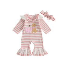 (3-6M, Beige) Halloween-Strampler für Babys, langärmelig, mit Geister-Stickerei, gestreift, inkl. Stirnband
