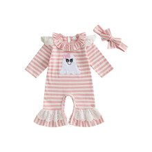 (6-12 Months, Pink) Halloween-Strampler für Babys, langärmelig, mit Geister-Stickerei, gestreift, inkl. Stirnband