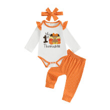 (12-18 Months, White) Baby-Mädchen-Kleidungsset mit Truthahn-Print: Langarm-Strampler mit gepunkteter Hose und Stirnband, 3-teiliges Outfit