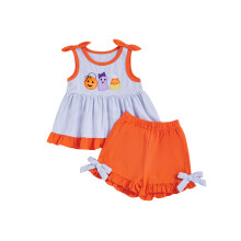 (3-4 Years, Orange) Halloween-Outfit für Kleinkinder, Mädchen: Gestreiftes Kürbis-Geister-Top und Shorts, 2-teiliges Set