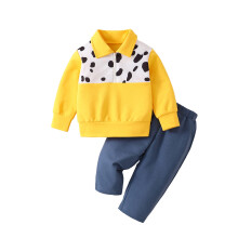 (12-18 Months, Yellow) 2-teiliges Herbstoutfit für Jungen: Langarm-Sweatshirt mit Kuhmuster und Patchwork-Hose, warme Kleidung