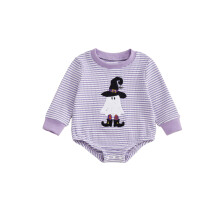 (3-6 Months, Purple) Baby Mädchen Halloween Streifen Strampler mit Geisterstickerei Langarm Rundhals Bubble Jumpsuit