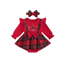 (9-12 Months, Red) Baby-Mädchen-Stramplerkleid mit Karomuster, Weihnachtsbaumstickerei, Rüschen, langen Ärmeln und passendem Stirnband