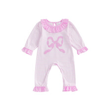 (3-6M, Pink) Baby Mädchen Herbst Strampler Langarm Rundhals Schleifenstickerei Rüschen Jumpsuit Babypyjama