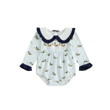 (6-12 Months, Green) Baby Mädchen Herbst Strampler, locker geschnitten, mit Entenstreifen, Puppenkragen, langen Ärmeln