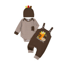 (0-3 Months, Khaki) Díkůvzdání oblečení pro chlapečka s pruhovaným potiskem, šlemi, kalhotami a čepicí, sada 3 kusů