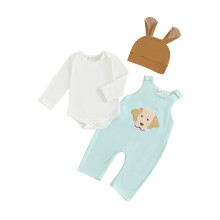 (6-12 Months, Blue) Outfit pro chlapečka, overal s dlouhým rukávem a výšivkou, motiv psa, kalhoty a čepice