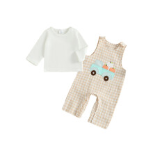 (3-6 Months, White) Halloweenský chlapecký outfit, tričko s dlouhým rukávem a kostkované overaly.