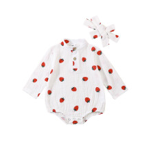 (0-3 Months, White) 2-teiliges Herbst-Outfit für Babys: Langarm-Strampler mit Erdbeermuster und Stirnband, Neugeborenenkleidung