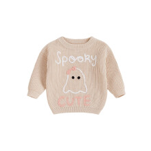 (2-3 Years, Beige) Kisgyermek kislány halloweeni pulóver szellem hímzett hosszú ujjú kínai pulóver aranyos őszi ruhák