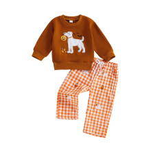 (4-5 Years, Orange) Halloween-Outfit für Kleinkinder – 2-teilig: Langarm-Sweatshirt mit Hunde- und Kürbisstickerei & karierte Hose