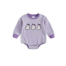 (3-6 Months, Purple) Dziewczęcy kombinezon w paski na Halloween z dynią/haftem ducha i długim rękawem, modne ubranka dla niemowląt