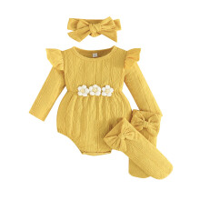 (0-3 Months, Yellow) Neugeborenen-Mädchen-Outfit, langärmliger Strampler mit Blumenmuster, mit Stirnband und Socken, Herbstkleidung