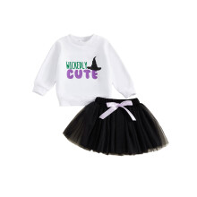 (3-4 Years, White) Kisgyermek lányok 2 db-os Halloween ruha hosszú ujjú boszorkány kalap mintás pulóver + tüll szoknya szett